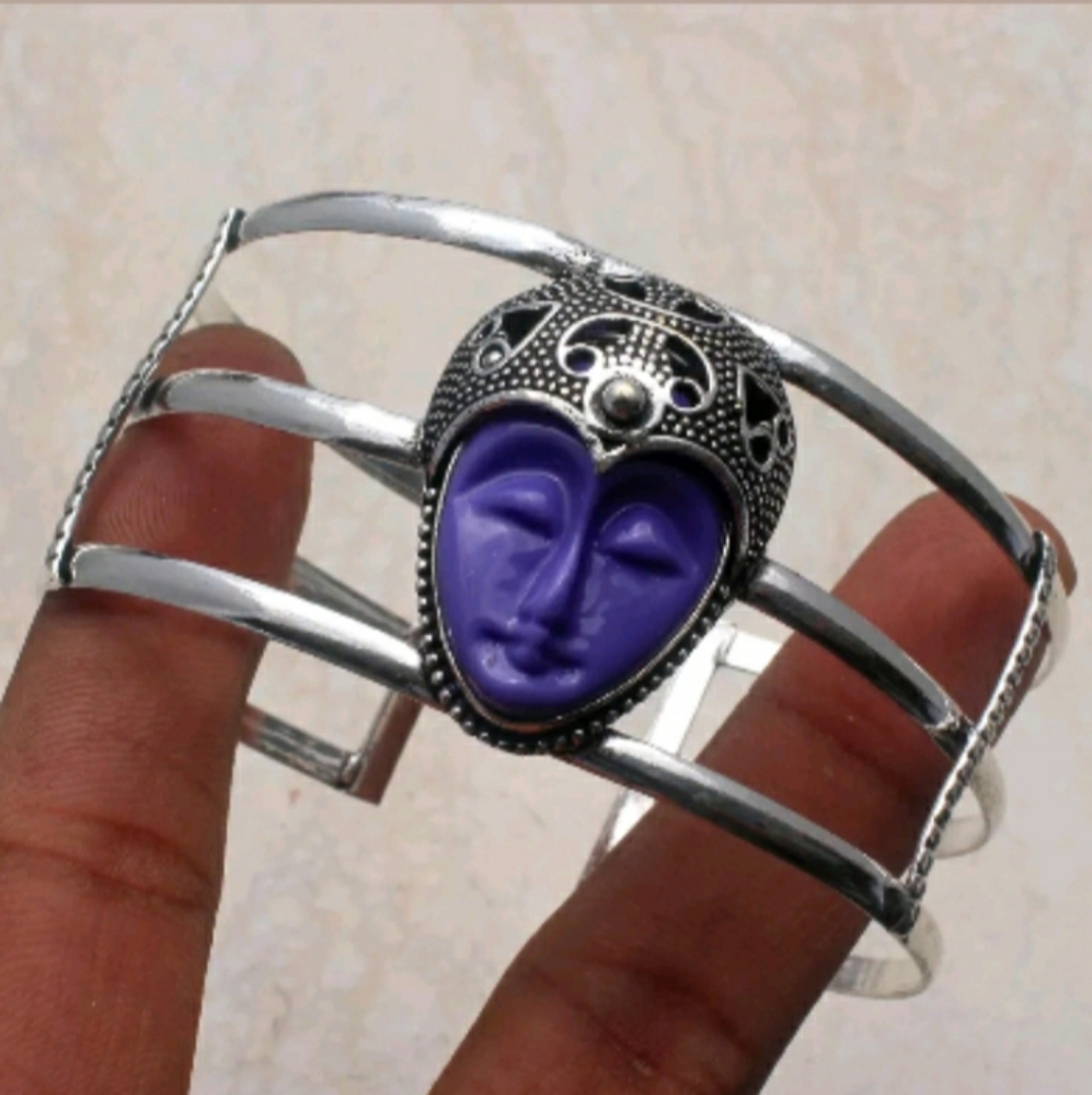 New Carved Agate Goddess Face Silver Cuff Bracelet.
